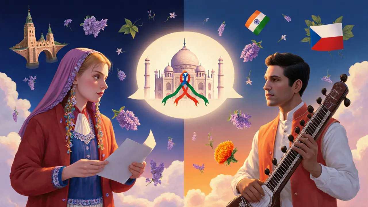 Pár sdílí kulturní příběhy, kolem nich plavou ikony Prahy a Taj Mahalu.