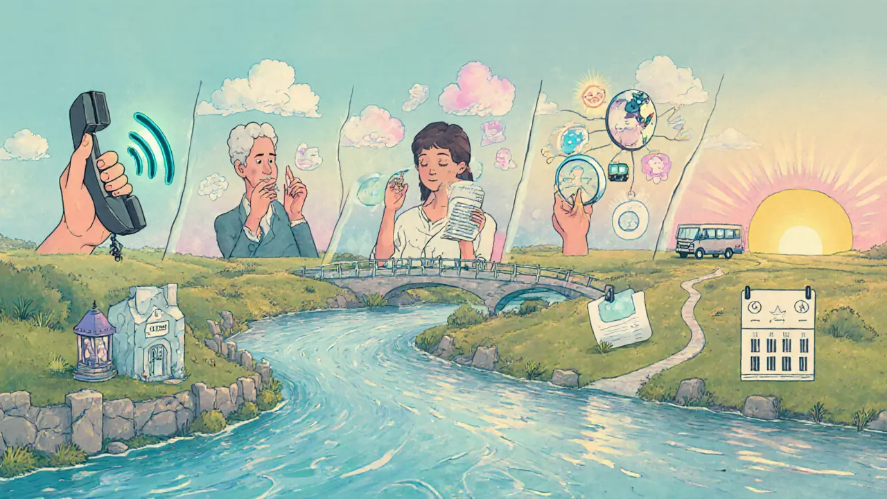 Ilustrace sedmi kroků krizové intervence – telefon, naslouchání, identifikace problému, podpora, mobilizace zdrojů, plánování.
