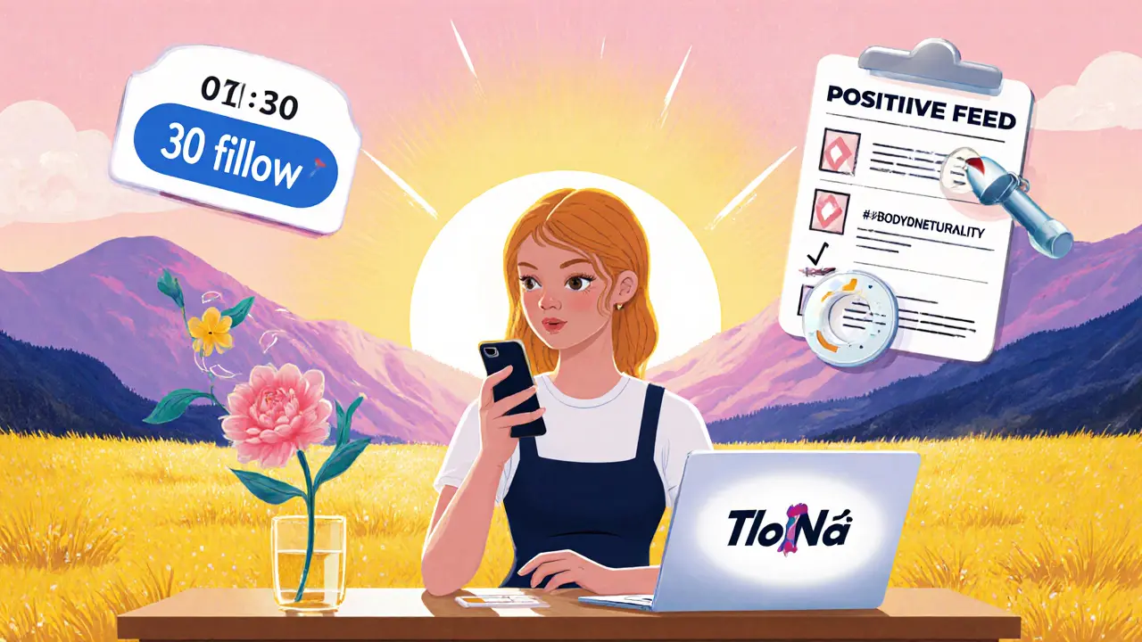 Žena nastavuje časovač, odstraňuje negativní účty a používá AI detektor v sluncem zalité krajině.