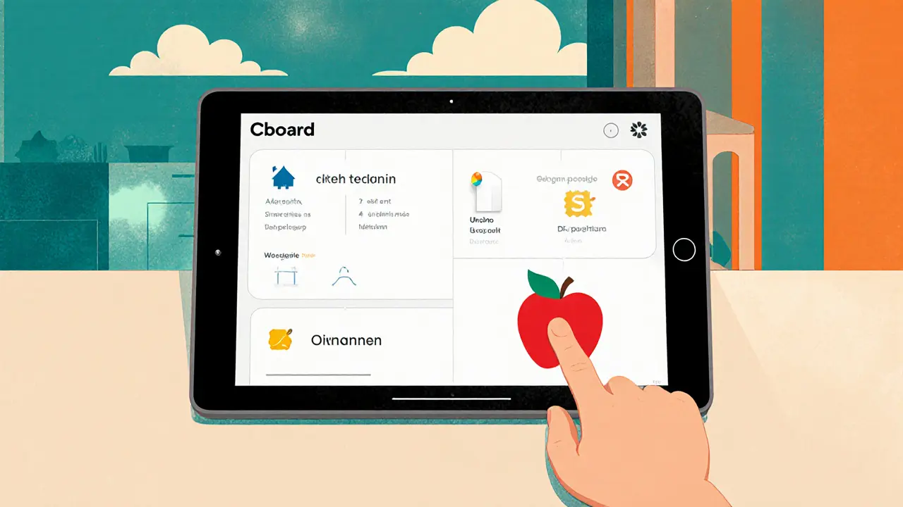 Tablet zobrazuje rozhraní Cboard s českými symboly, ruka dítěte na tlačítku.