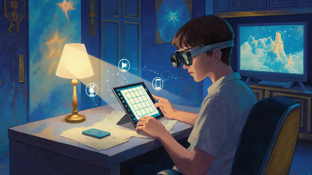 Teenager ovládá Grid 3, oči sledují tablet, světla a televize reagují.