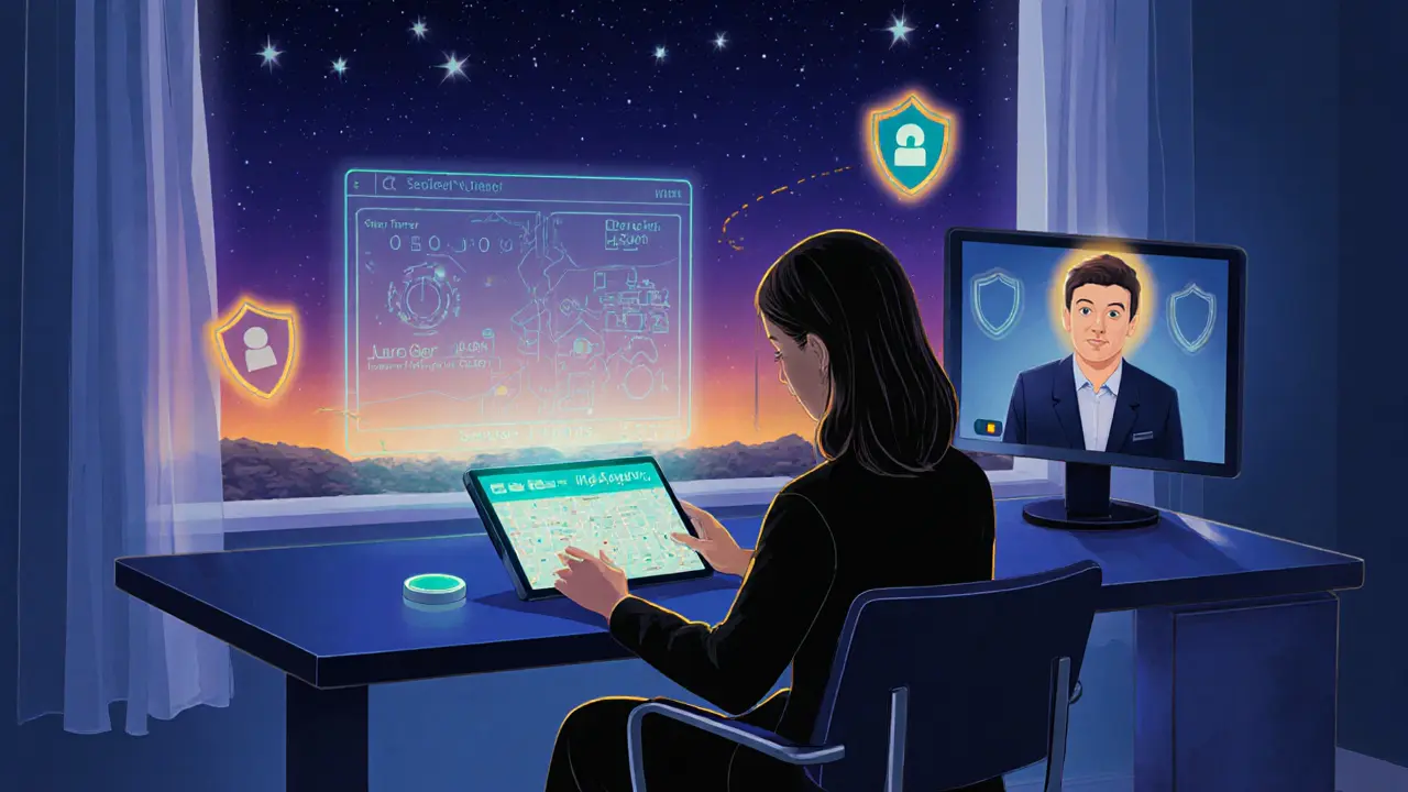 Terapeut používá digitální nástroj k monitorování hranic, v klidném prostředí.