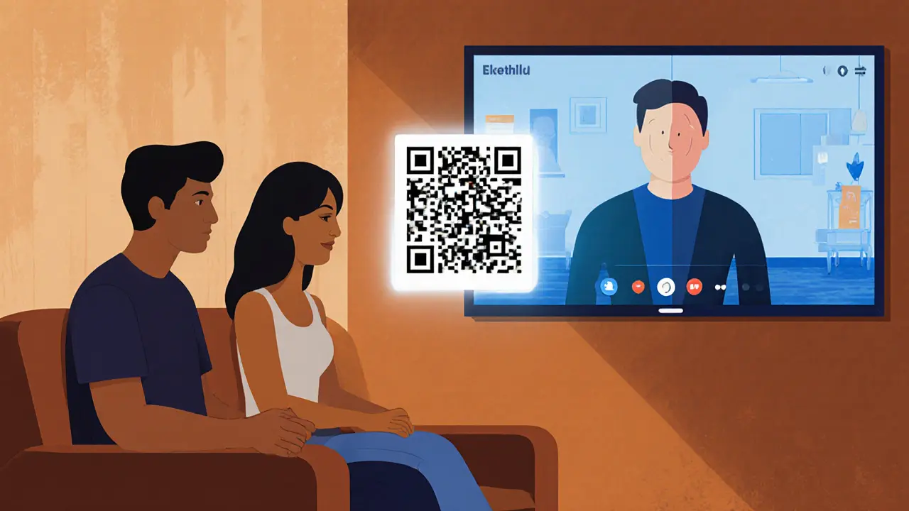 Pár v obýváku používá videohovor s QR kódem pro ověření certifikace.