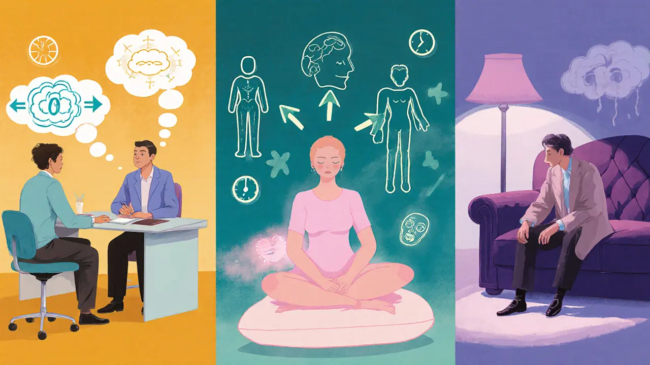 Rozdělená scéna ukazuje CBT, Gestalt a psychoanalýzu s klienty a terapeutickými symboly.