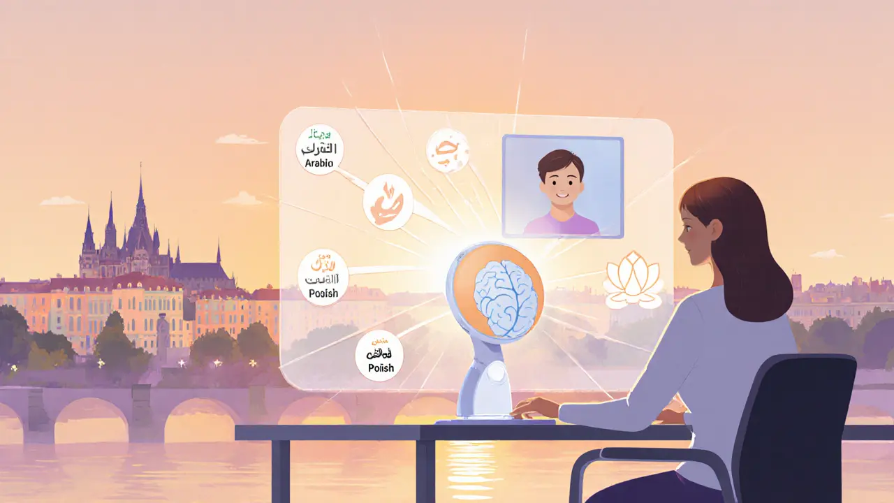 Budoucí terapie s AI asistentem a virtuálními jazykovými ikonami.