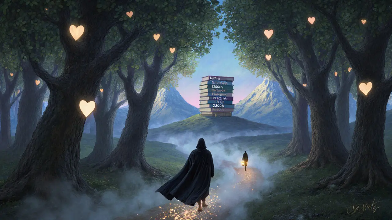 Cesta lesem s srdcovými listy, cestovatel zahazuje tmavé plátno, za ním stojí terapeut s laternou.