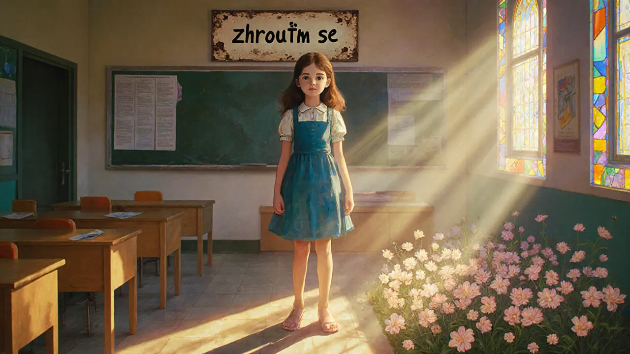 Dívka stojí v třídě, nad její hlavou visí plakát s úzkostnou myšlenkou, kolem ní kvetou světélkující květy.