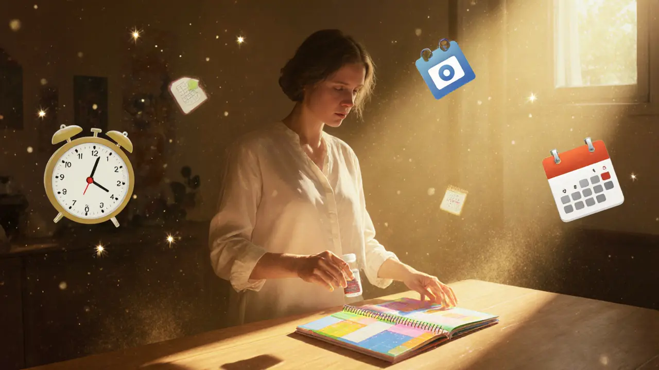 Dospělý klidně ukládá plánovač na stůl, kolem něj plavou digitální připomínky.