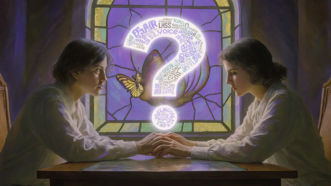 Dva lidé u stolu, mezi nimi průhledný otazník z emocí, za nimi vitráž motýla vylétajícího z skořápky.