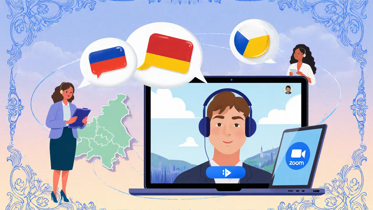 Ilustrace vícejazyčných platforem s vlajkami a ikonami terapeutů.