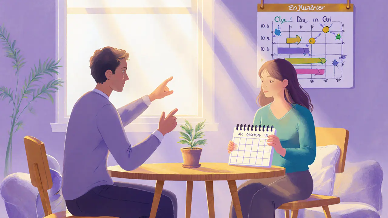 Klient a terapeut v příjemné místnosti diskutují o pokroku a termínech.