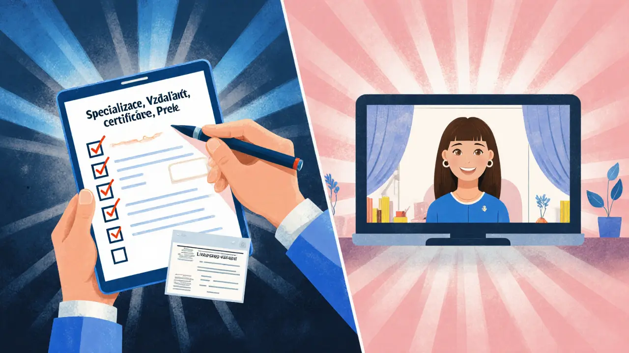 Klient kontroluje seznam kritérií, zatímco probíhá videohovor s terapeutem.