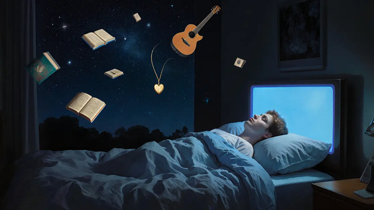 Nepřítomný dospívající leží v posteli, zatímco jeho věci se vznášejí v temné místnosti pod světlem televize.