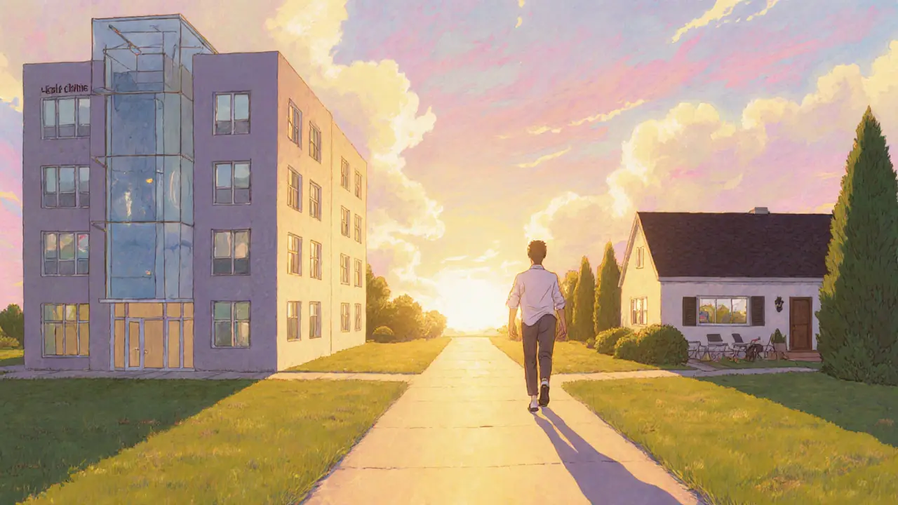 Osoba kráčí po rozdělené cestě mezi klinikou a domácí kanceláří.