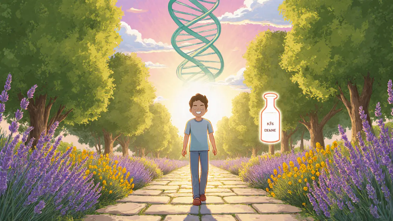 Pacient prochází slunečnou zahradou, nad ním DNA helix a zářivá váza.