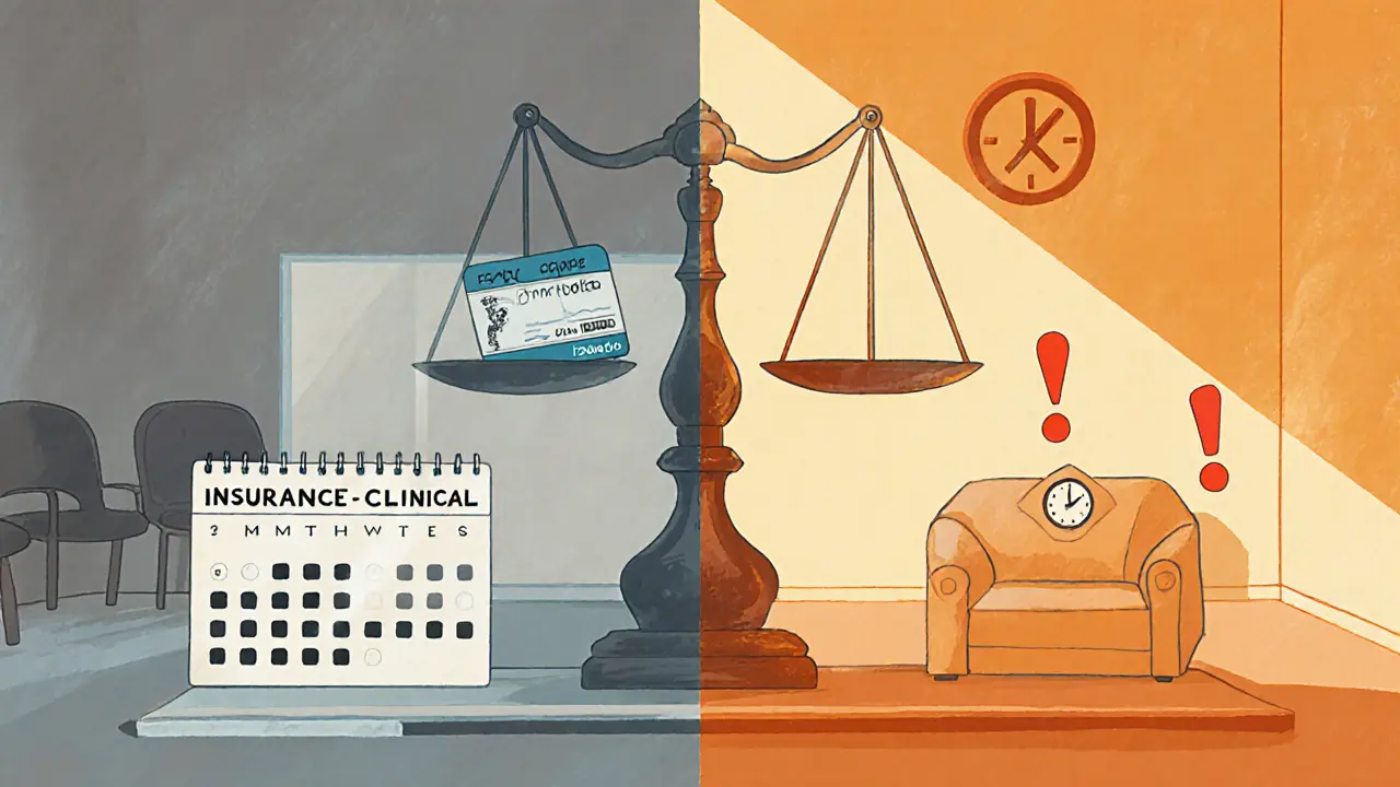 Porovnání klinického a soukromého psychoterapeuta s ikonami pojištění a peněz.