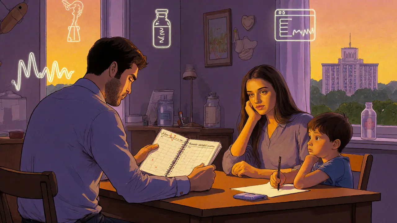 Rodina u stolu s vizuálním plánem dne, zářivé pozadí symbolizuje výzvy a podporu při autismu a komorbidity.