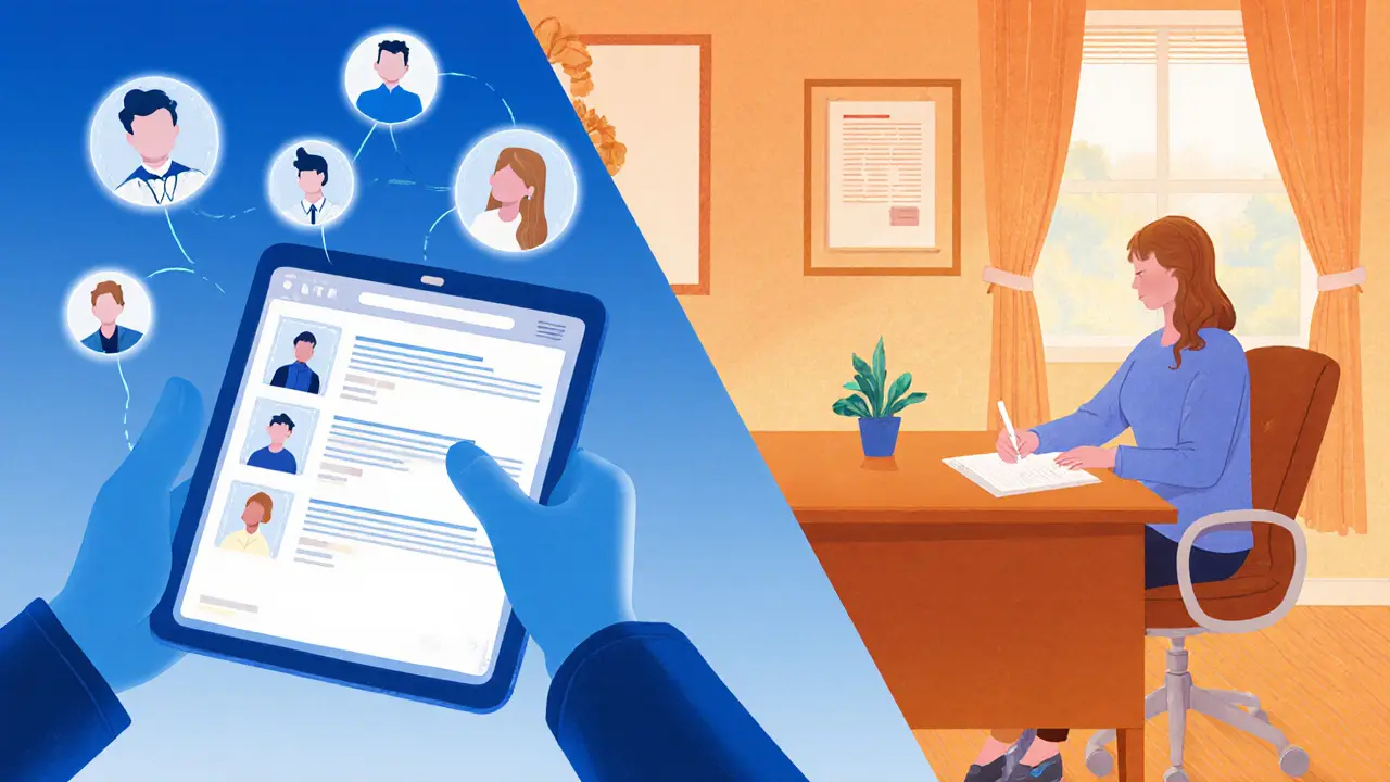 Rozdělený obrázek: výzkum terapeutů na tabletu a úvodní setkání v kanceláři.