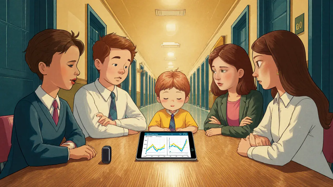 Školní tým – učitel, psycholog, rodiče a digitální monitor – diskutují podporu dítěte.