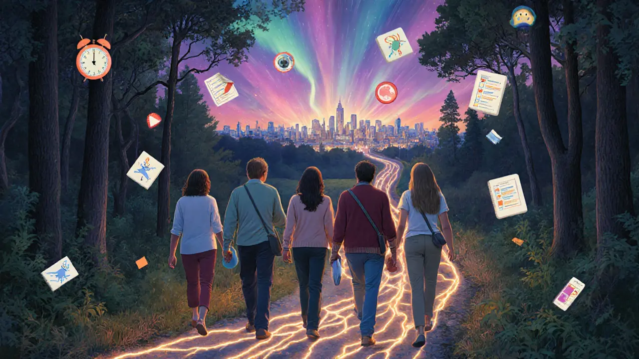 Skupina dospělých kráčí světelnou cestou, každý s nástrojem, směrem k zářivému městu.