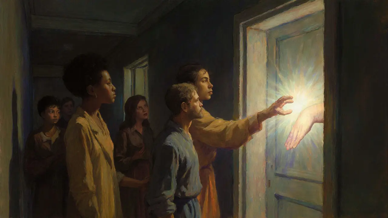 Skupina lidí se snaží dosáhnout na zářící ruku vycházející z uzavřených dveří v temném chodbě.