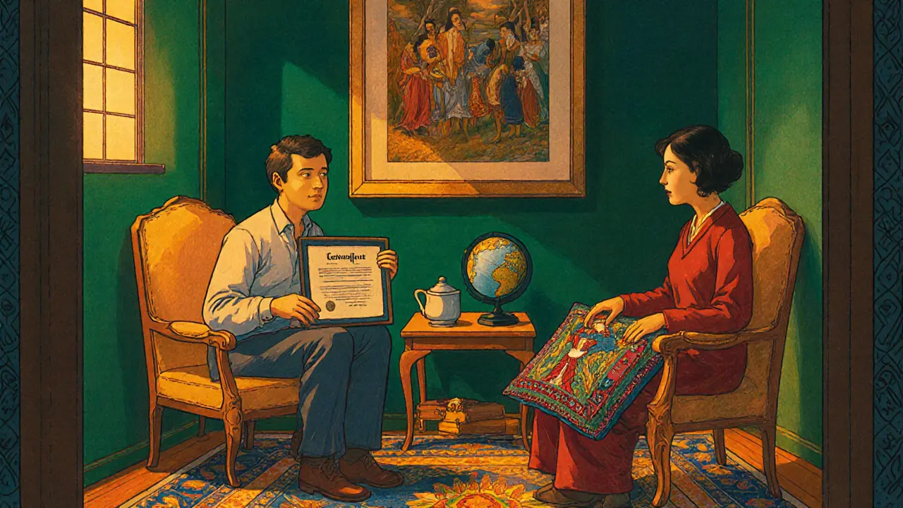 Terapeut a klient v teplém pokoji, kolem nich kulturní dekorace a certifikát.