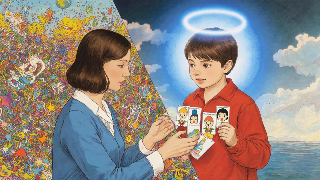 Terapeut s dítětem používá ilustrované karty k pomoci s úzkostí, za klidným a překrývajícím se prostředím.