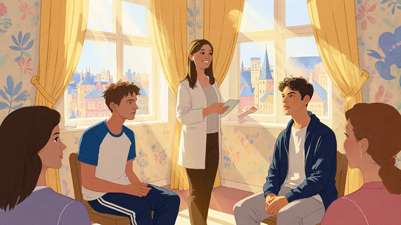 Terapeutická skupina s dvěma muži a ženskou terapeutkou v slunné místnosti.