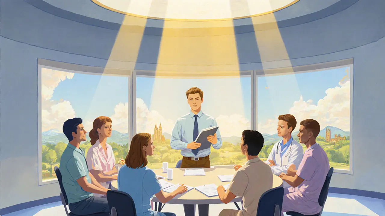 Tým odborníků kolem stolu s mužským pacientem, světlo dopadá na scénu.