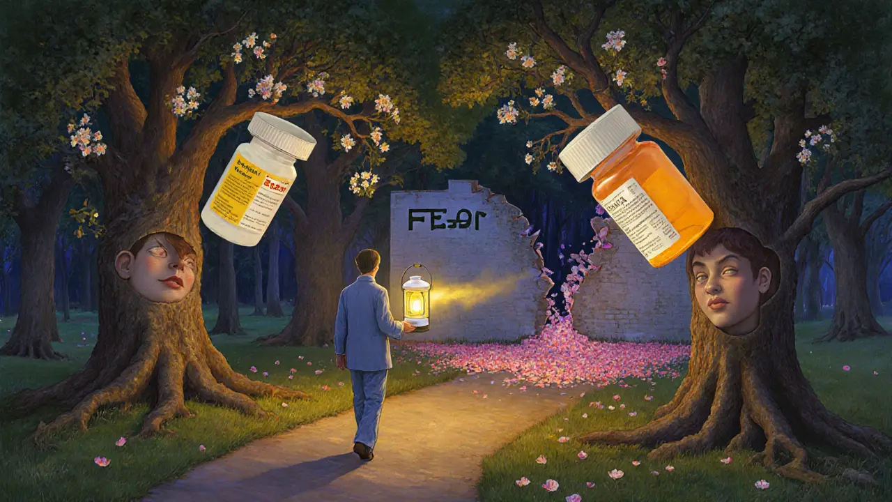 Cesta lesem s stromy, jejichž kořeny jsou léky a větve s tvářemi, které hovoří.