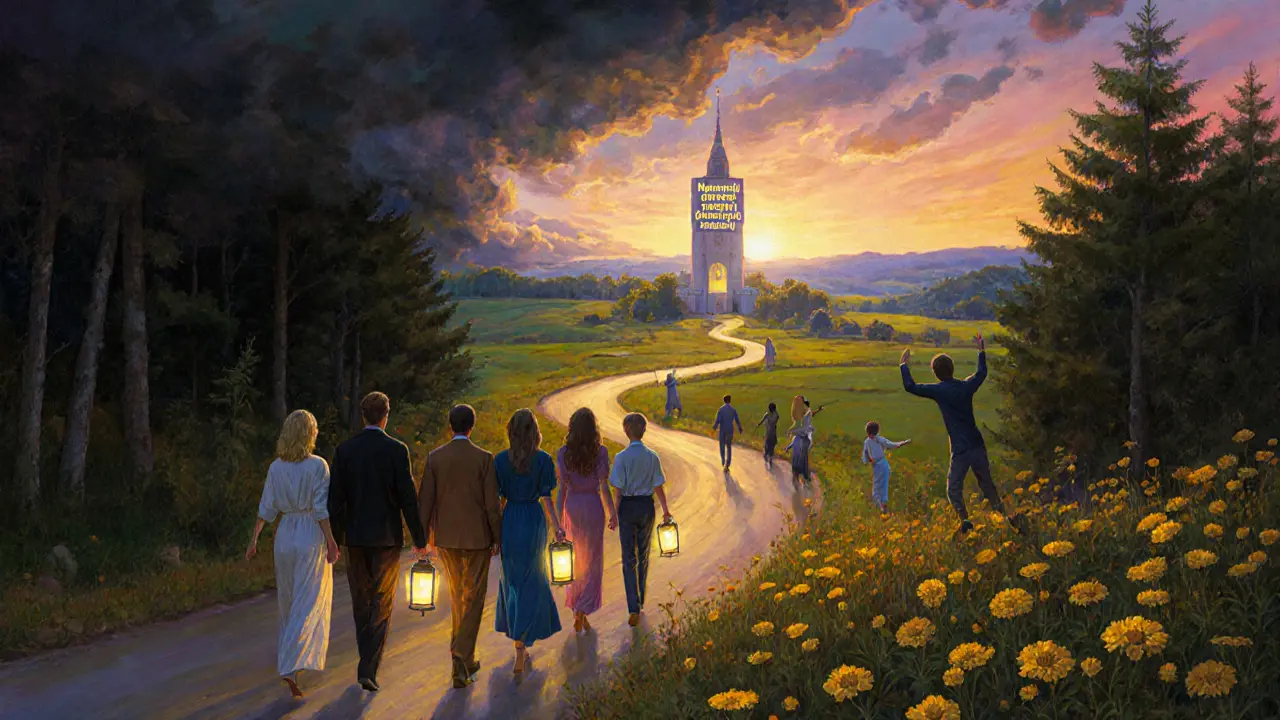 Cesta od temného lesa k zářivé dolině, symbolizující návrat k naději a podpoře.