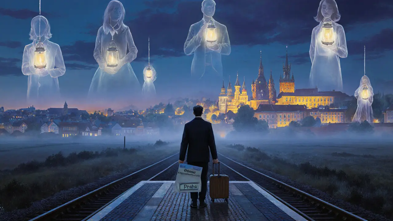 Cestovatel na nádraží s výhledem na Prahu, kolem něj létají světelné postavy terapeutů.