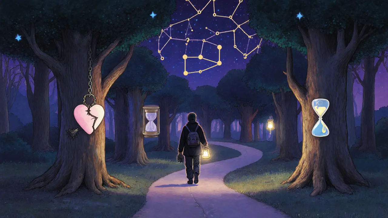 Cestovatel po cestě lesem, kde stromy nesou symboly emocí, s batohem, který září jemným světlem.
