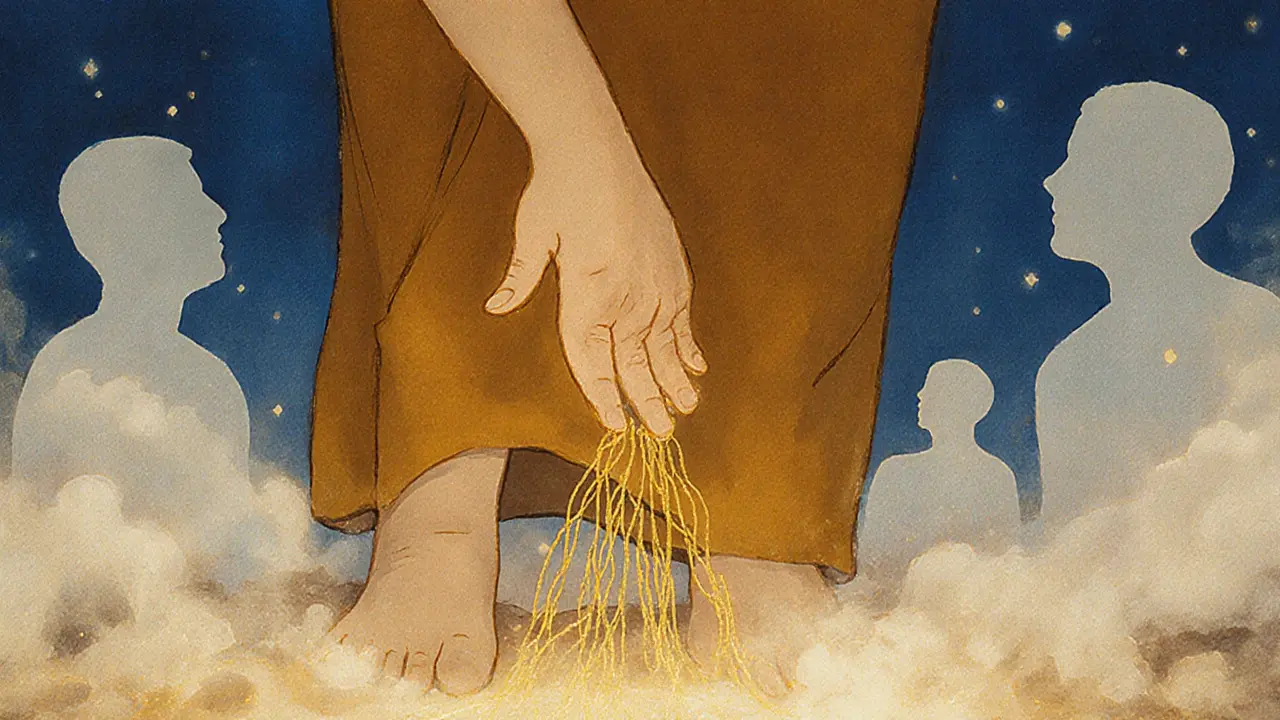 Člověk pomalu zvedá ruku, zlaté energie spojují jeho prsty se zemí, strach se rozplynul.