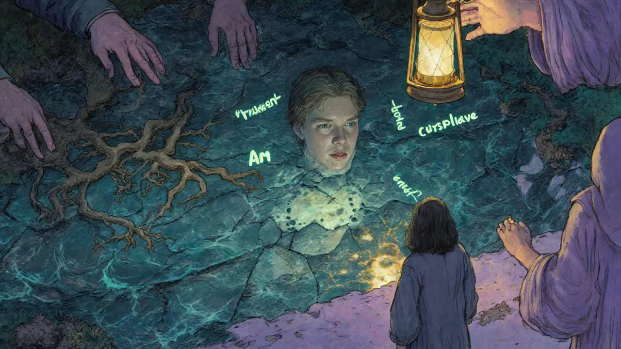 Člověk před jezerem, jeho odraz ukazuje vnitřní krajinnou bouři s křehkými slovy nad vodou.