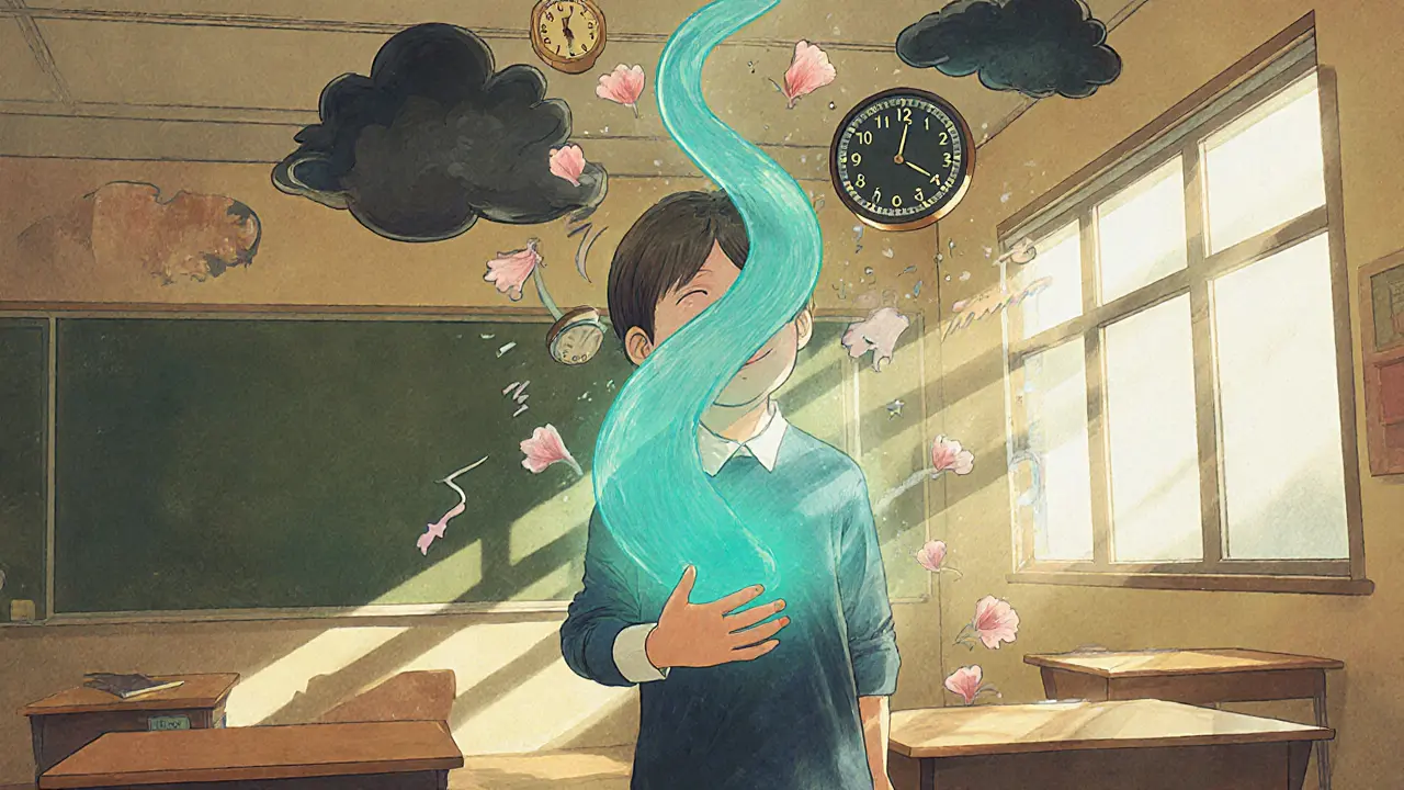 Dítě dýchá v třídě, z jeho břicha vstupuje modrý dech, který mění stres na květiny.