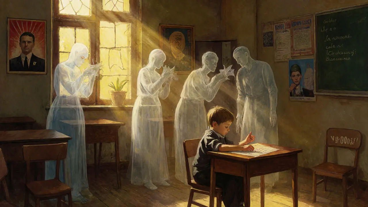 Dítě v prázdné třídě dotýká se stěny, kde se objevují stíny neřečených příběhů.