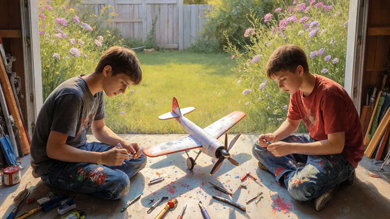 Dva chlapci spolu stavějí modely letadel v garáži večerním světle.