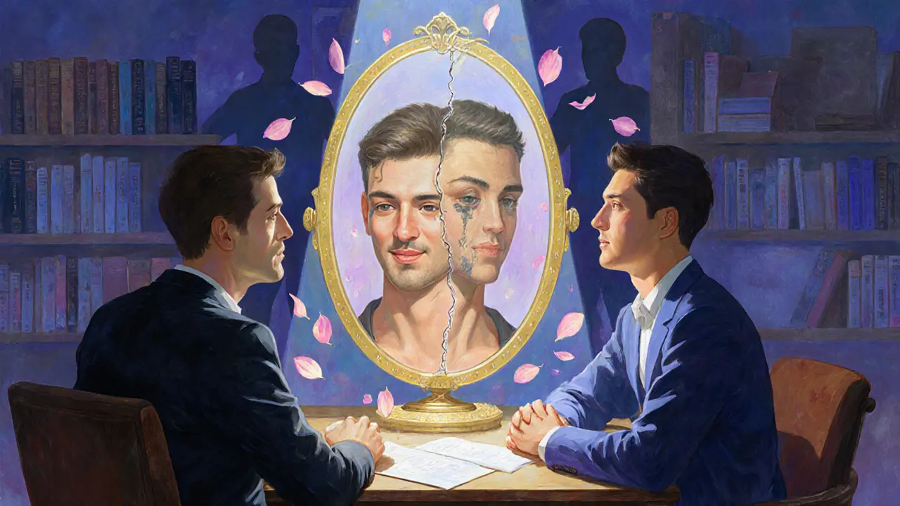 Dva muži sedí v terapii, mezi nimi odraz v zrcadle, který ukazuje jejich vnitřní boj.