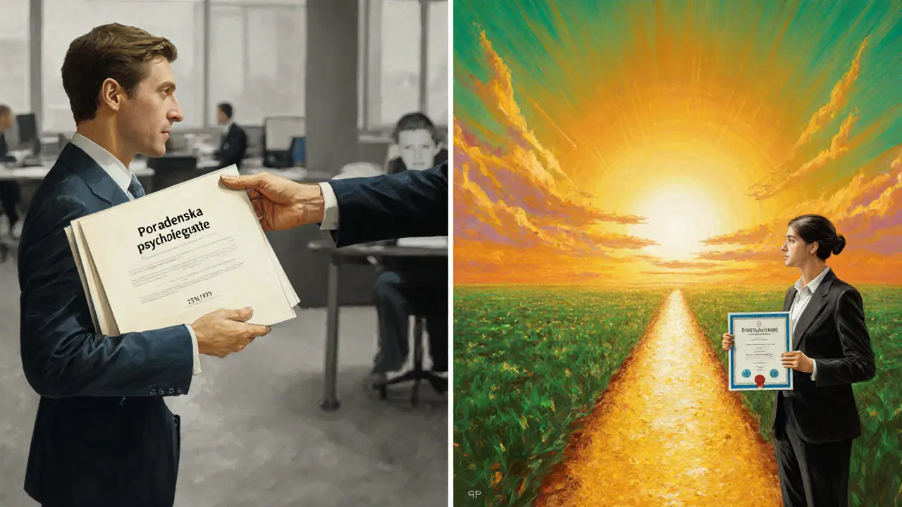 Dvě části scény: nuda kanceláře proti osvětlenému prostoru duševního zdraví s certifikátem terapeuty.