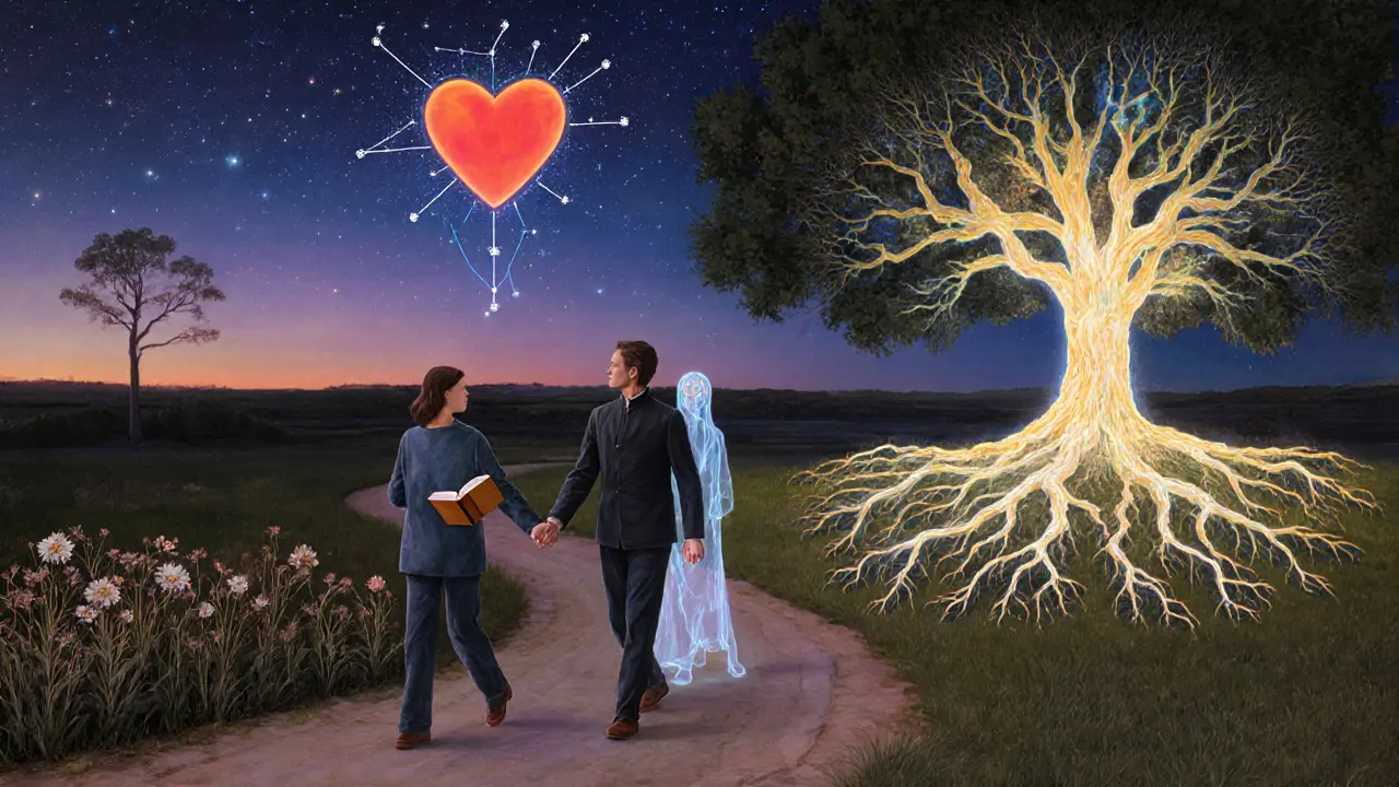 Dvě cesty pod hvězdnou oblohou: jedna samota s knihou, druhá s průvodcem mezi zářivými stromy.