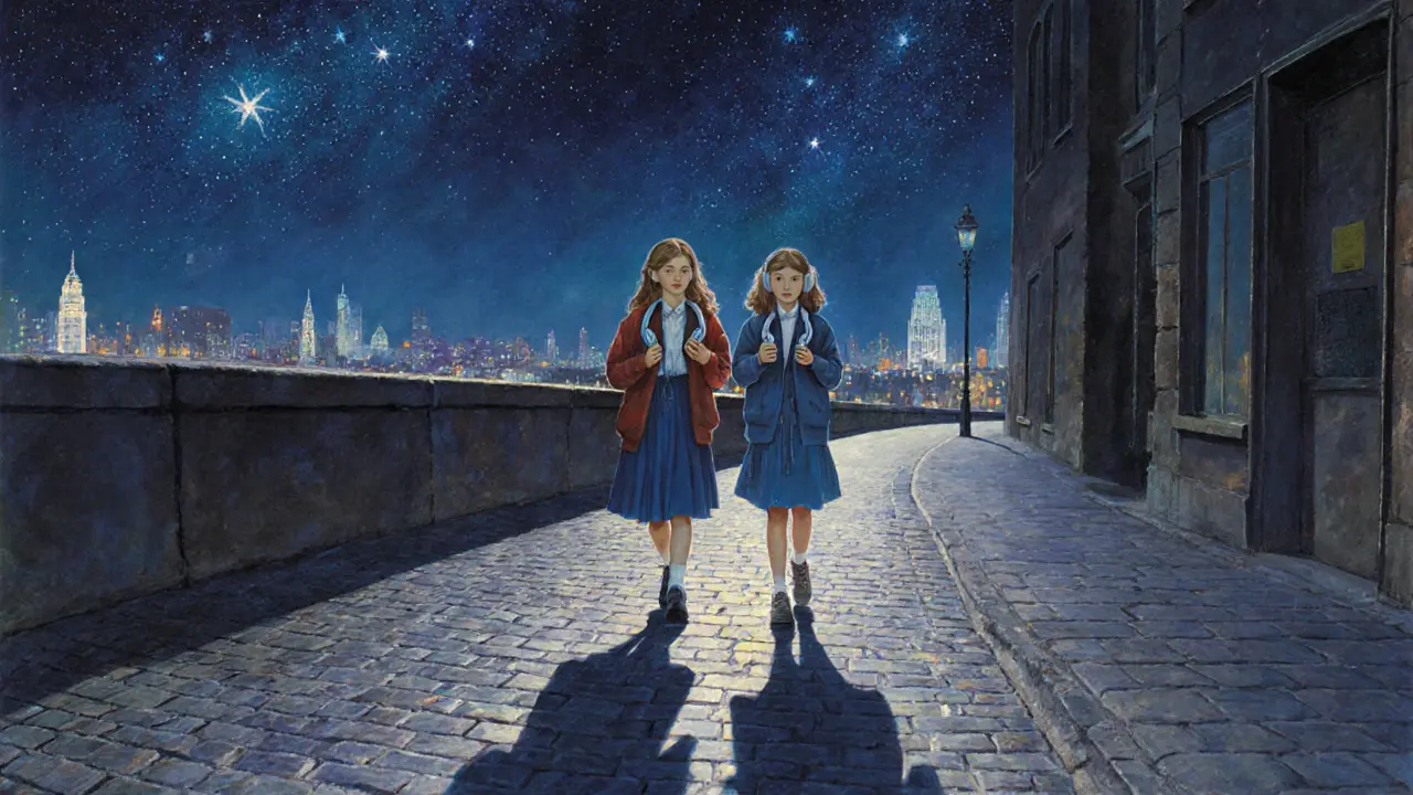 Dvě dívky procházejí ulicí pod hvězdnou oblohou s sluchátky.