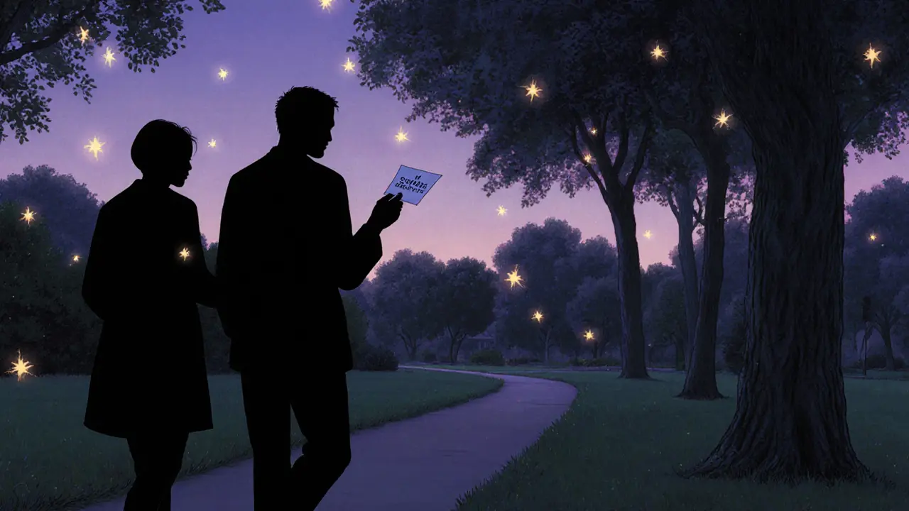 Dvě postavy procházejí parkem v soumraku, jedna předává druhé malý list s číslem terapeutické linky.