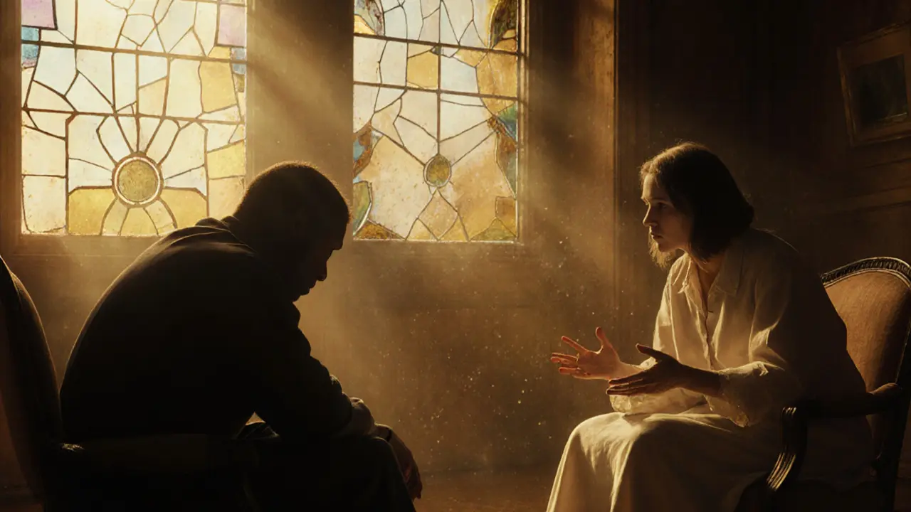 Dvě postavy v terapeutické místnosti při světle dřevěných oken s kaleidoskopickými odlesky.