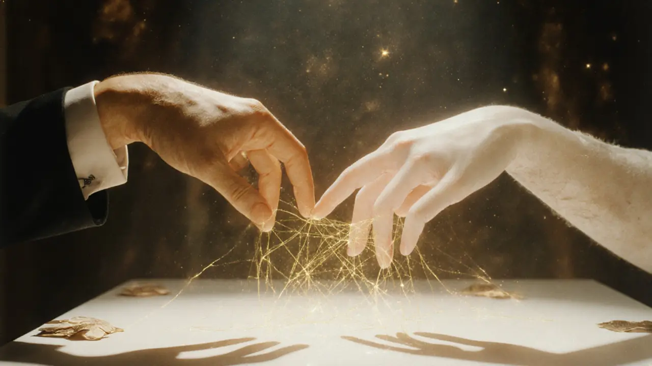 Dvě ruce se dotýkají, spojené zlatými nitkami světla, symbolizující emocionální propojení v terapii.