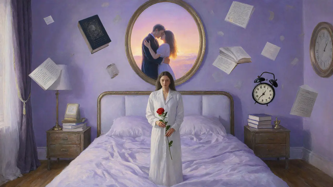 Jeden člověk v prázdné ložnici, zrcadlo ukazuje dvě postavy, jednu reálnou, jednu mizící.