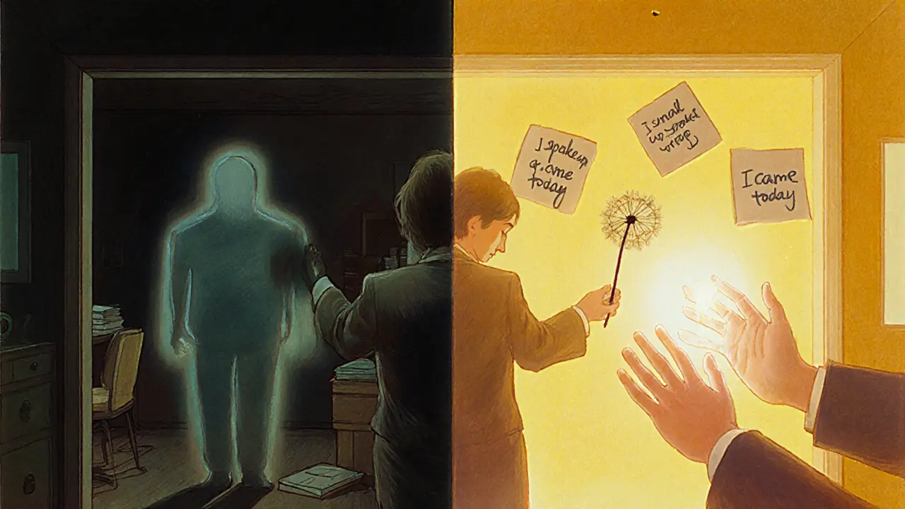 Klient na prahu mezi tmou a světlem, terapeut mu nabízí světlo z malých úspěchů.