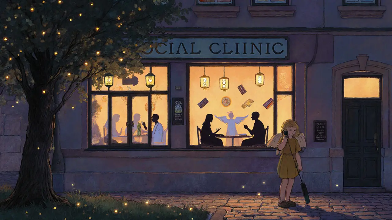 Luminous social clinic at twilight with calm therapists and peaceful figures inside warm windows.