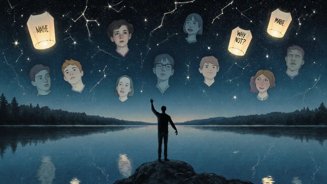 Muž stojí u jezera, jeho odraz ukazuje klidnější verzi sebe, nad nimi hvězdy tvoří tváře s jemným zářením.