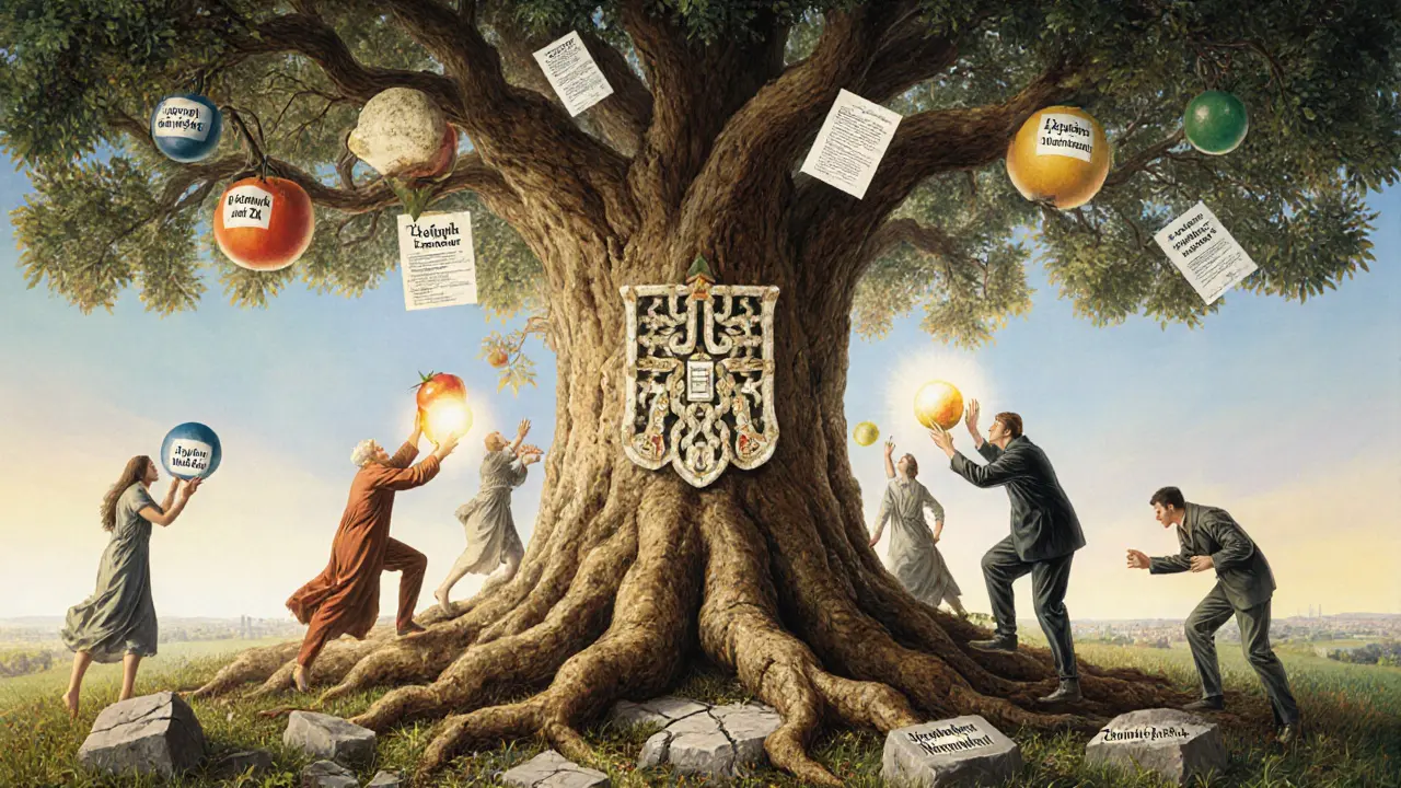 Obrovský strom s ovocem zdravotnických služeb a větvemi zatíženými daněmi a zamítnutími.